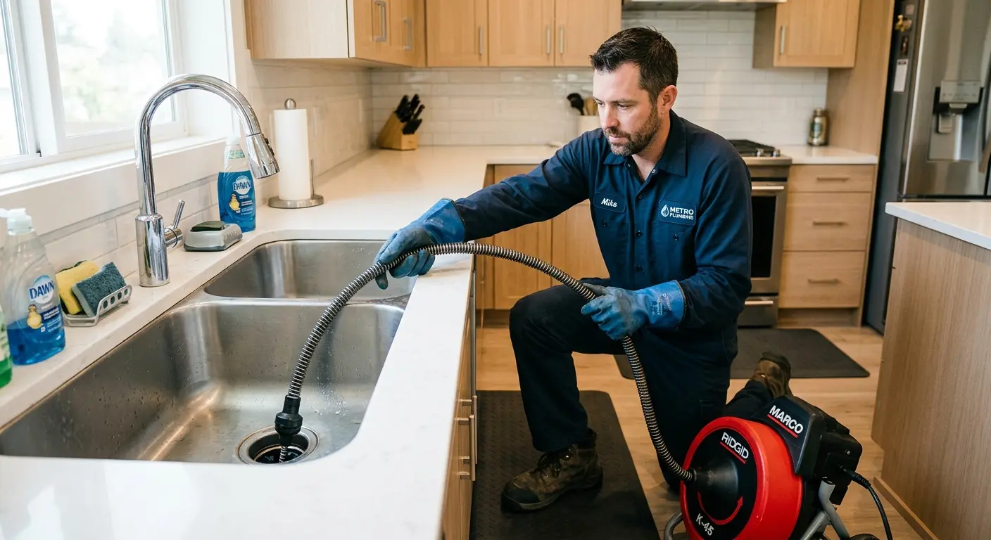 Drain cleaning technician using a motorized snake on a kitchen sink in Knoxville