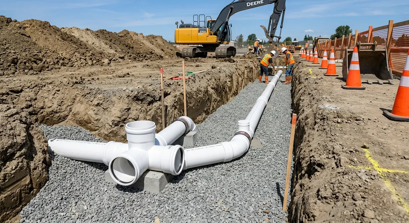 New PVC sewer pipe installation in open trench for Grease Trap Cleaning in Knoxville