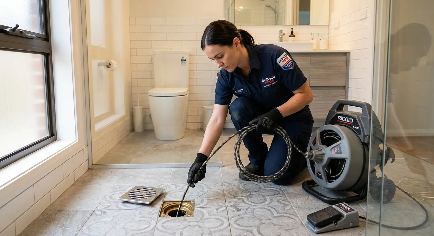 Technician clearing a bathroom floor drain for Clogged Drain Repair in Knoxville